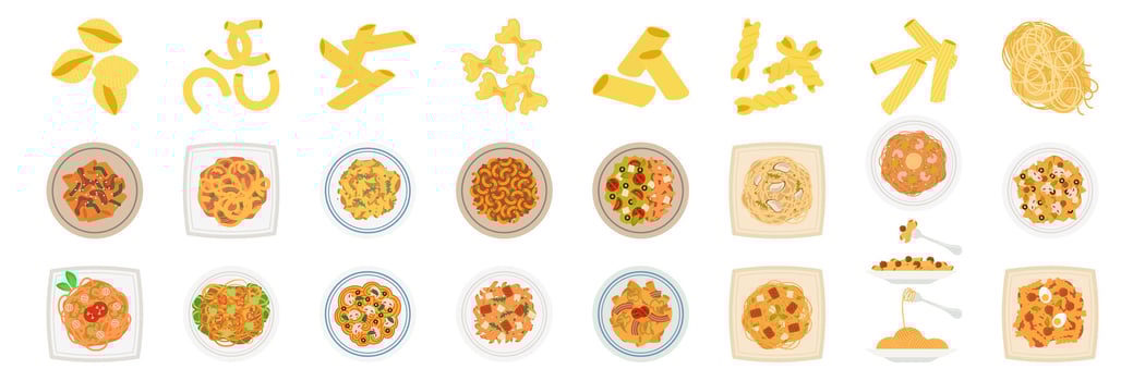 Colorful pasta dishes with various topping. Flat Illustration Pasta and Salad Combinations Set. vector