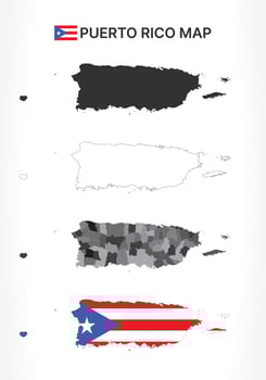 Detailed Puerto Rico Map Collection with Outline, Silhouette, Municipalities, and Flag Overlay Variations vector