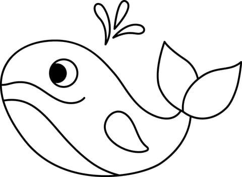 black and white whale illustration for children. Cute line water animal character for kids. Cartoon outline fish icon or coloring page vector