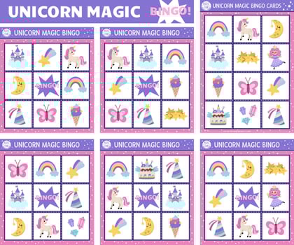 unicorn bingo cards set. Fun family lotto board game with cute fairy, castle, rainbow for kids. Fairytale lottery activity. Simple magic or fantasy educational printable worksheet vector