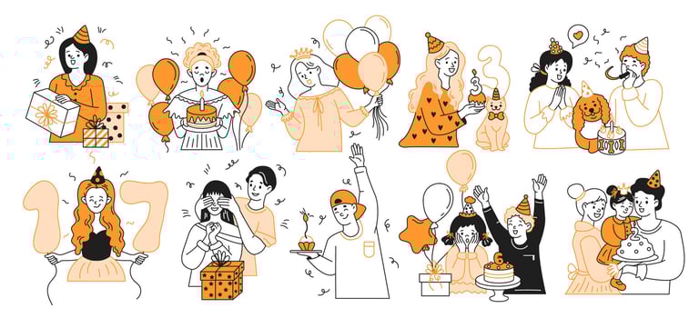 Happy people celebrating birthday color linear icons collection. Joyful adults and kids on holiday doodle characters on white background vector
