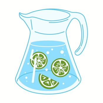 Illustration of a glass jug filled with fresh water, green lime slices, and a straw, perfect for healthy and refreshing drinks. vector