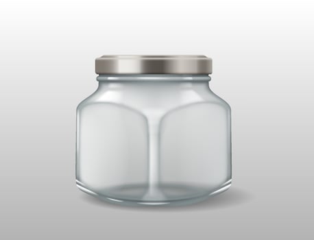 3D realistic illustration of a hexagonal glass jar with a silver metal lid. Perfect for honey, jam, spices, and kitchen storage. vector