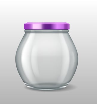 3D realistic illustration of a small glass jar with a purple lid. Ideal for storing herbs, spices, jam, and kitchen condiments. vector