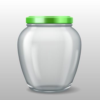Realistic 3D illustration of a rounded glass jar with a green lid. Suitable for food preservation, spices, and ingredient storage. vector
