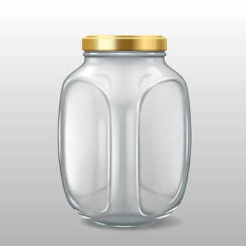 3D realistic illustration of a large glass jar with an embossed pattern and a gold lid. Ideal for food storage and decorative purposes. vector