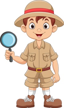 Cartoon a boy explorer holding a magnifying glass vector