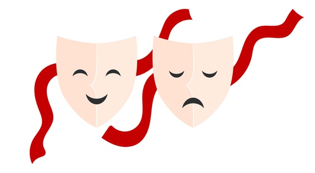 Theater masks icon. Comic and tragic mask with red ribbon traditional symbol. Theatre Day stickers. Flat illustration. Flat illustration isolated on white background vector