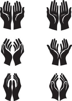 Ramadan and Eid hands in different positions, black and white silhouette vector