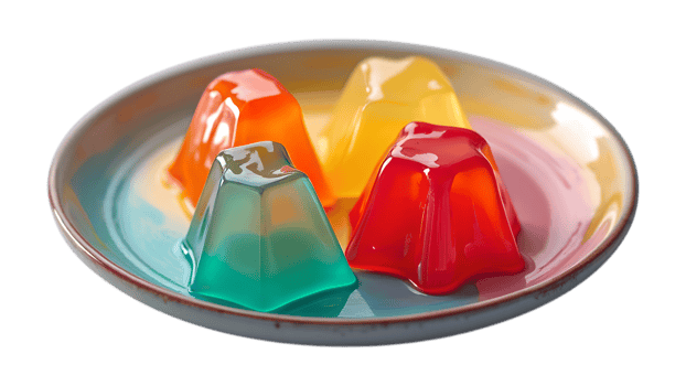 4 colorful jelly pieces on a metal plate. png