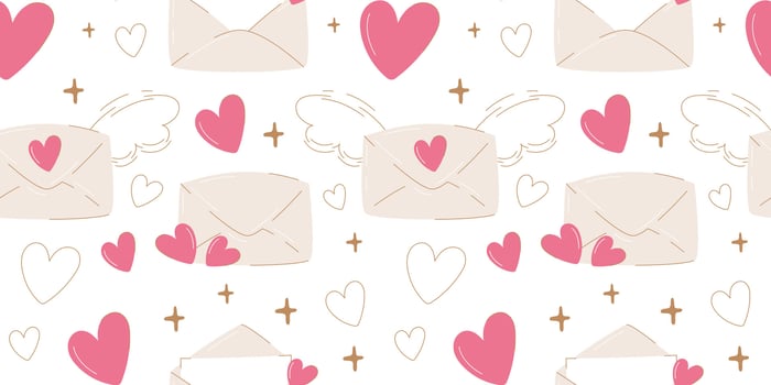 Minimalist seamless pattern with love letters in close or open envelope, hearts and stars. Flat illustration, isolated white background. For wrapping paper, cover, poster, print or gift box vector