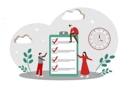 The concept of successfully completed tasks, teamwork and time management. People, hours and a sheet with tasks vector