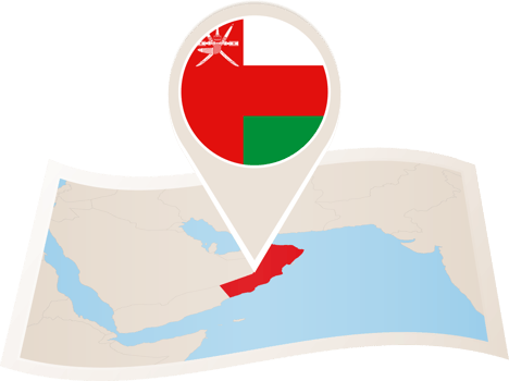 Folded map of Oman with flag pin of Oman. png