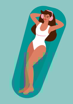 Young tanned woman in swimsuit listening to music in pool vector