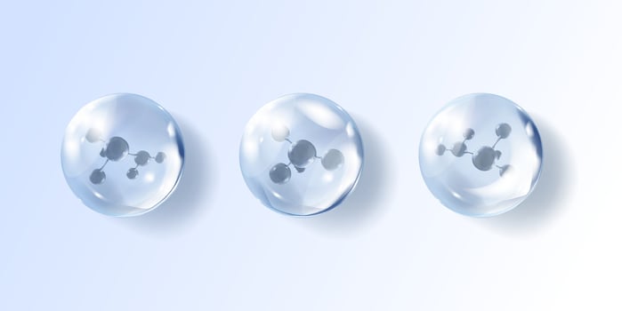 Transparent bubbles and molecules inside hyaluronic acid bubbles. Skin care product. vector