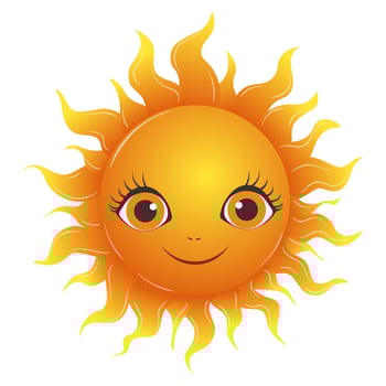 Cute smiling sun with big eyes and wavy rays isolated on a transparent background. Represents happiness and warmth. Summer element. illustration vector