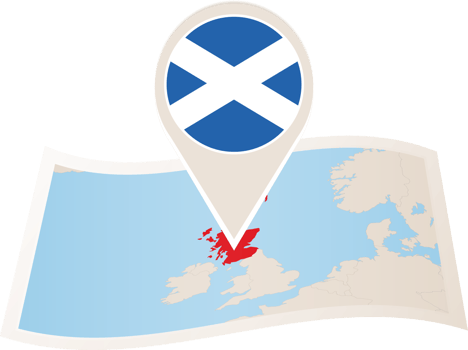 Folded map of Scotland with flag pin of Scotland. png