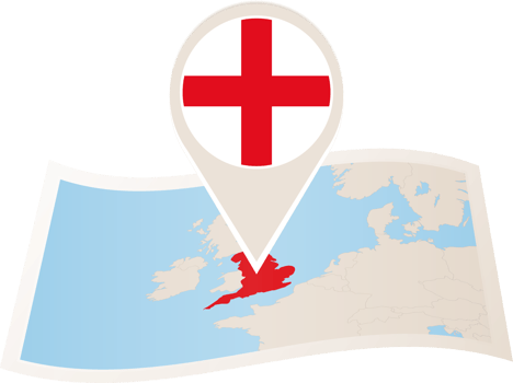 Folded map of England with flag pin of England. png