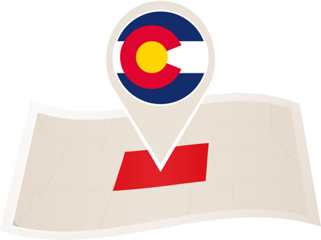 Folded map of Colorado U.S. State with flag pin of Colorado. png