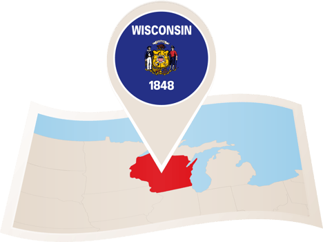Folded map of Wisconsin U.S. State with flag pin of Wisconsin. png