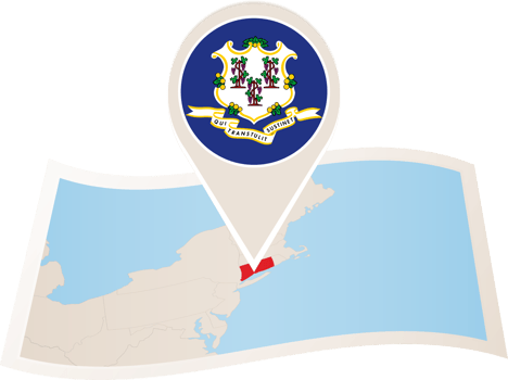 Folded map of Connecticut U.S. State with flag pin of Connecticut. png