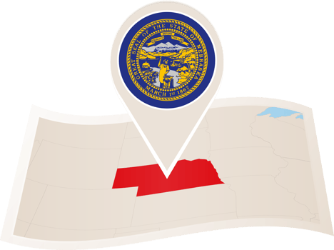 Folded map of Nebraska U.S. State with flag pin of Nebraska. png