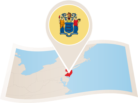 Folded map of New Jersey U.S. State with flag pin of New Jersey. png