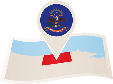 Folded map of North Dakota U.S. State with flag pin of North Dakota. png