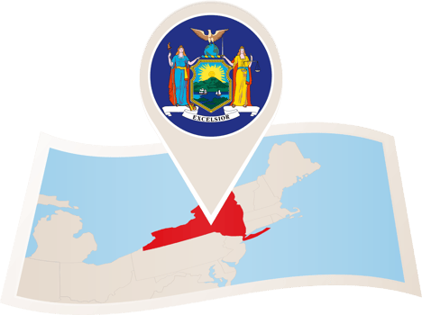Folded map of New York U.S. State with flag pin of New York. png