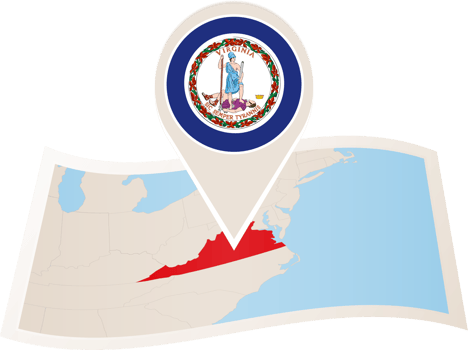 Folded map of Virginia U.S. State with flag pin of Virginia. png
