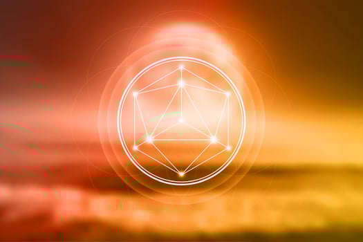 Sacred Geometry, Mystical Merkaba spiritual new age spiritual symbol with interlocking circles, triangles and glowing particles of blurry natural sunset landscape background, design vector