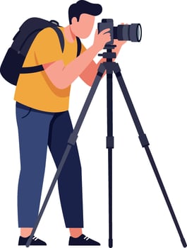 Photographer taking pictures with camera on tripod in flat art vector