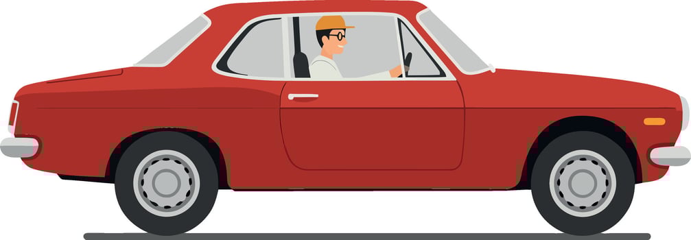 Classic red car driving in a flat minimal illustration vector