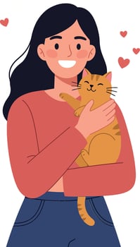 Woman holding a cat with hearts in flat art vector