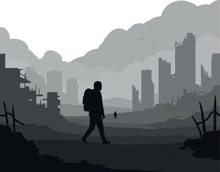 Silhouette of a Traveler in a Post-Apocalyptic Landscape Art vector