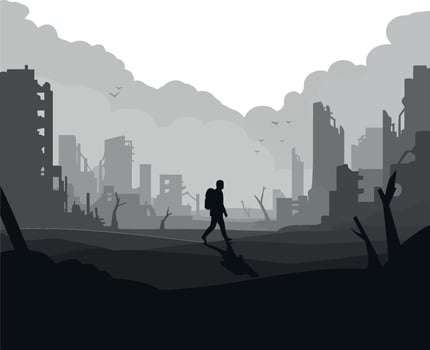 Dark silhouette of a traveler in a desolate cityscape, minimal art vector