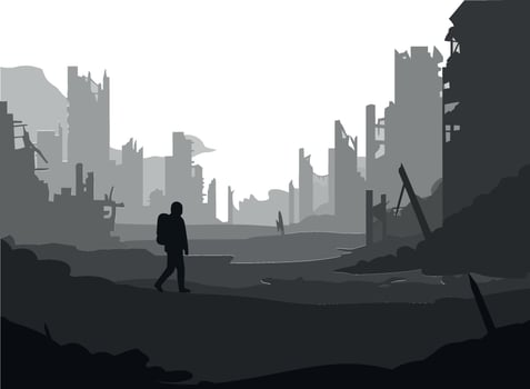 Silhouette of a lone figure in a desolate urban landscape, minimal art vector