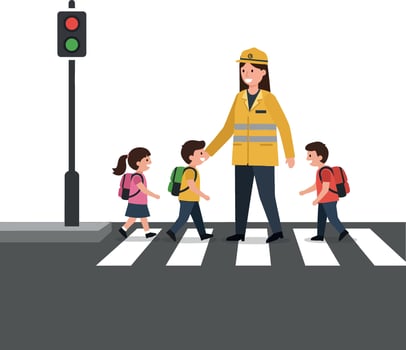 Children crossing the street guided by a safety officer in flat art vector