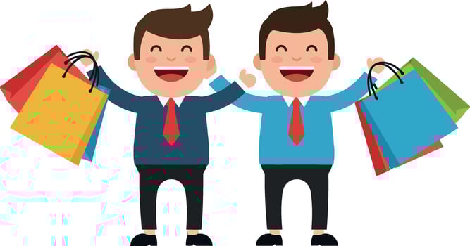 Happy men holding colorful shopping bags in flat art vector