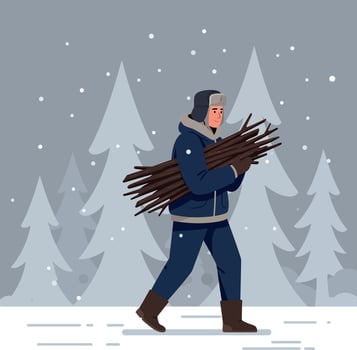 Person carrying firewood through snowy forest in flat art vector