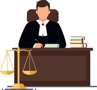 Judge sitting at desk with scales and books in flat art vector