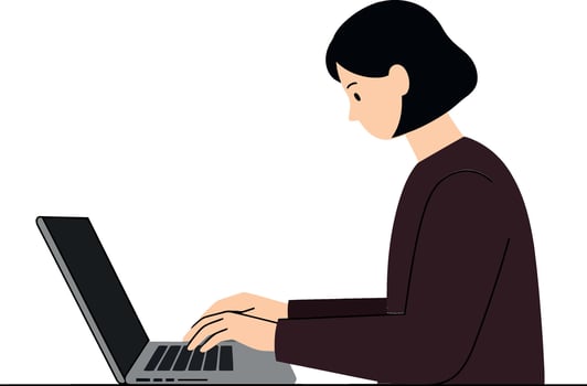 Woman working on laptop in a minimal flat design illustration vector