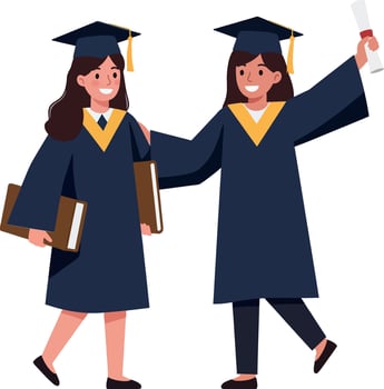 Two graduates celebrating their achievement in colorful flat art vector
