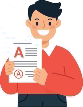 Happy student celebrating success with graded paper in flat art vector