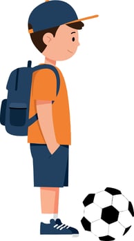 Boy standing with soccer ball in flat minimal art vector