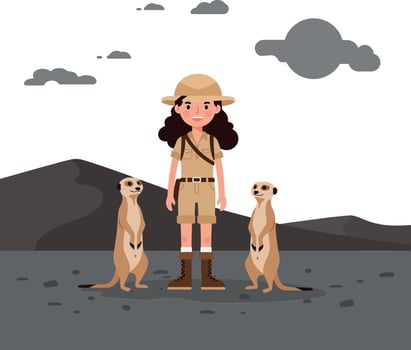 Meerkat researcher with animals in flat illustration style vector