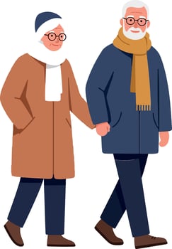 Elderly couple walking together in winter clothing, minimal illustration vector