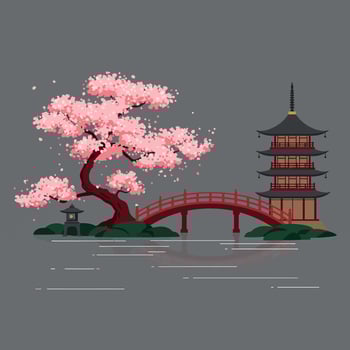 Cherry blossom tree and pagoda in flat art style vector
