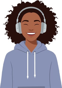 Smiling young woman wearing headphones in flat illustration vector