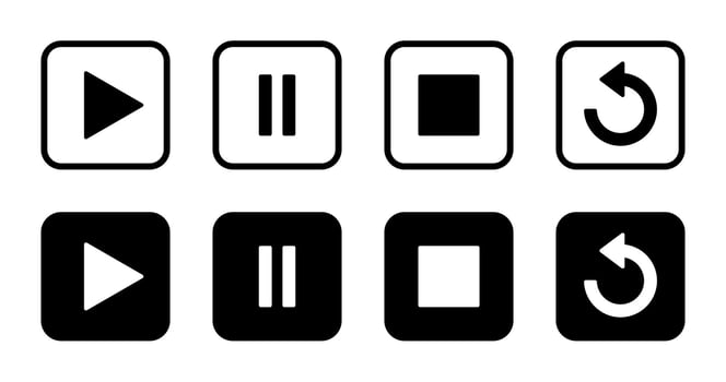 Play, pause, stop, and repeat icon on black square vector